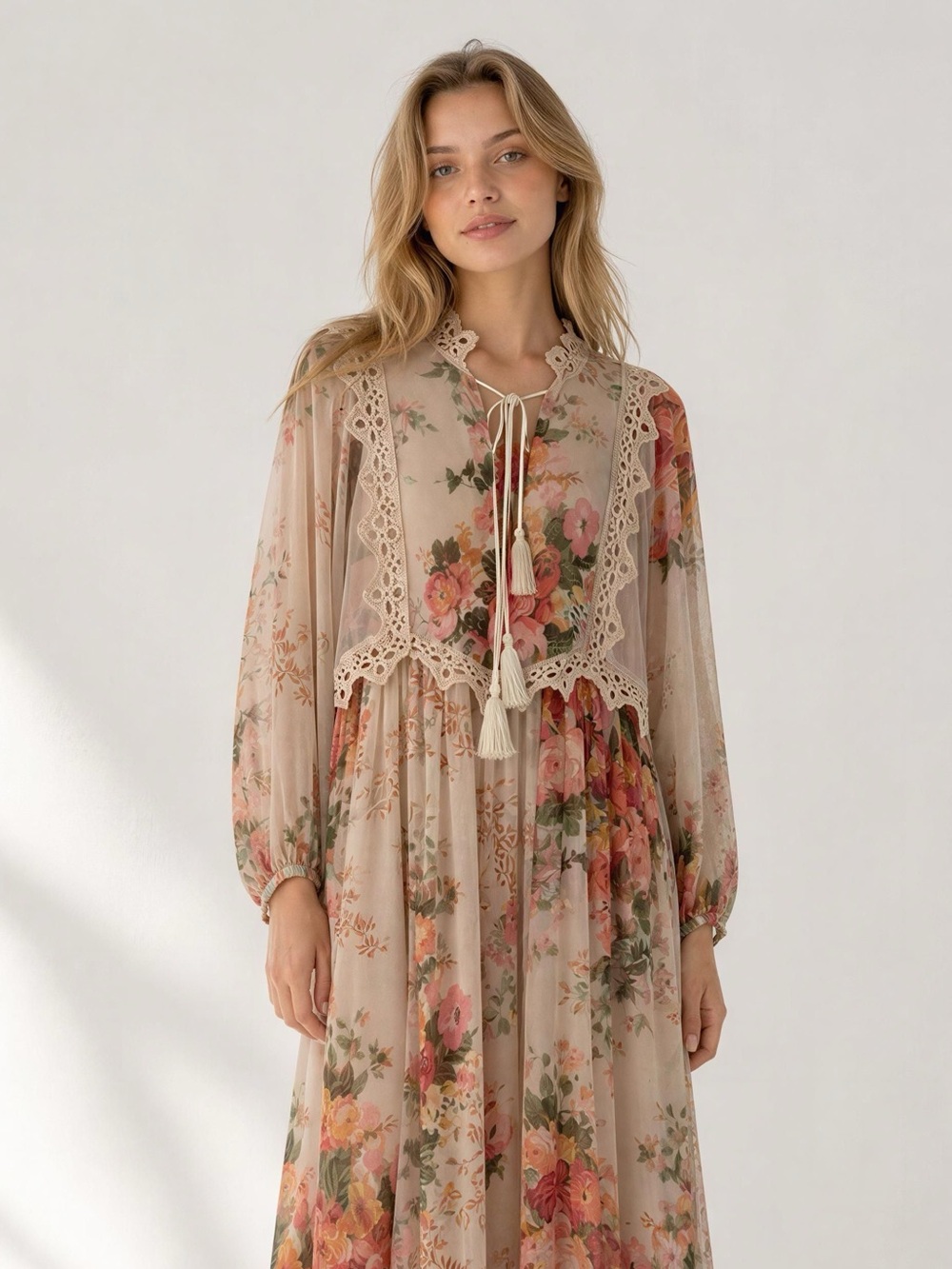 Floral Lace-Trim Beige Maxi Dress with Tassel Tie 3/4 Sleeves
